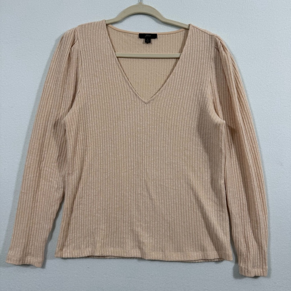 J Crew Soft Ribbed V Neck Long Puffed Sleeve Size L Cream Shirt